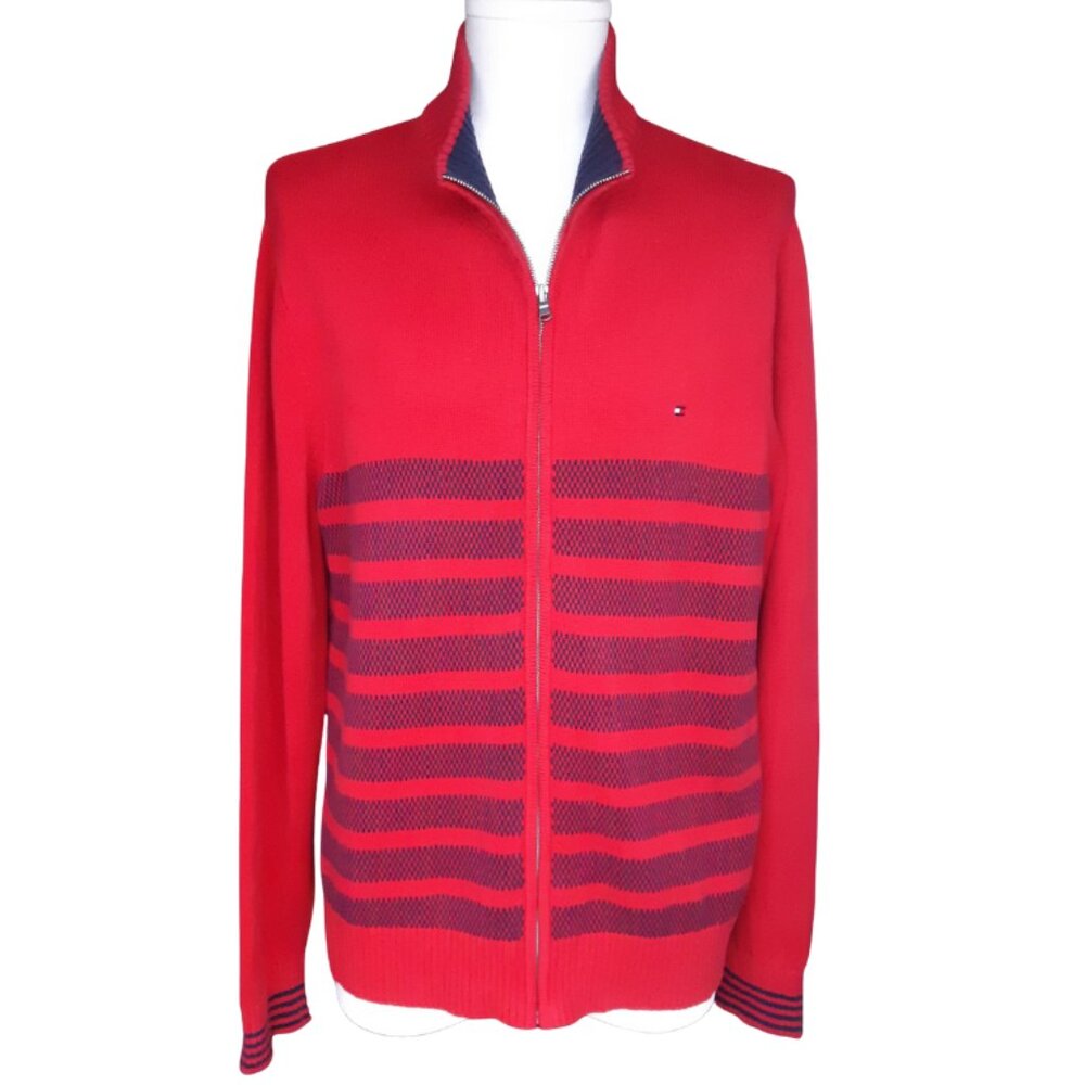 Tommy Hilfiger SZ L Red Full Zip Cotton Mock Turtleneck Cardigan w/ Navy Stripes